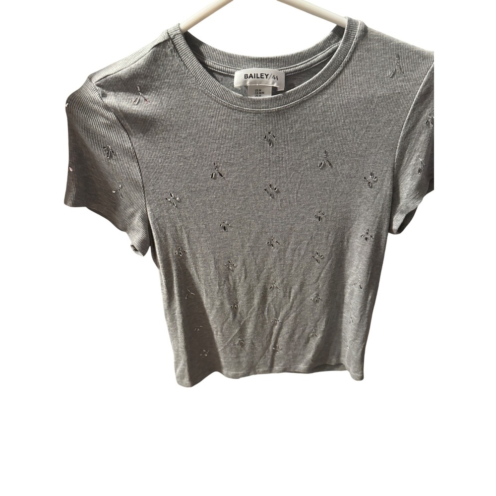 Bailey 44 Gray Ribbed Knit Embellished Short Sleeve Crew Neck T-Shirt Womens M